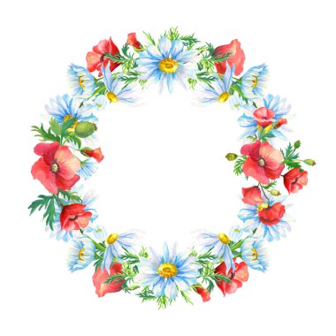 Çerçeve. Bir buket beyaz papatya, kırmızı palavra. Dekorasyon tasarımı için soyut çiçek.