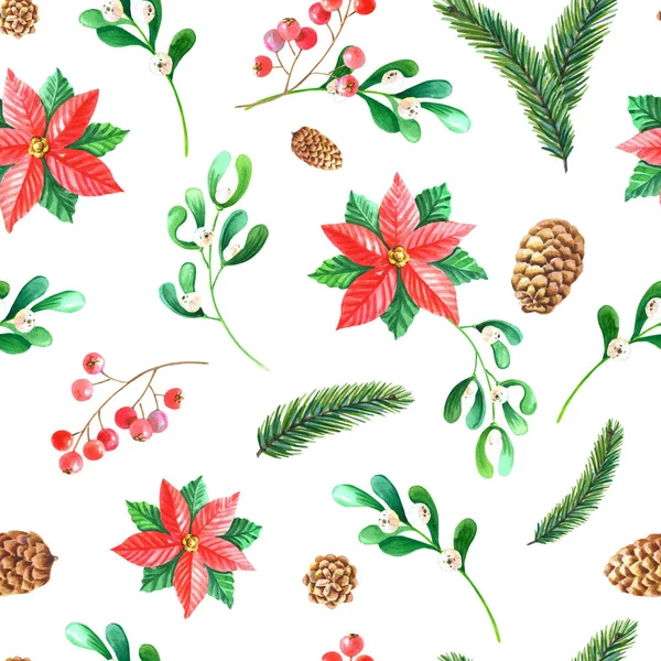 Christmas watercolor seamless pattern.Red poinsettia flower,holly,berry,mistletoe,leaves,green pine,spruce on black — Stock Photo, Image