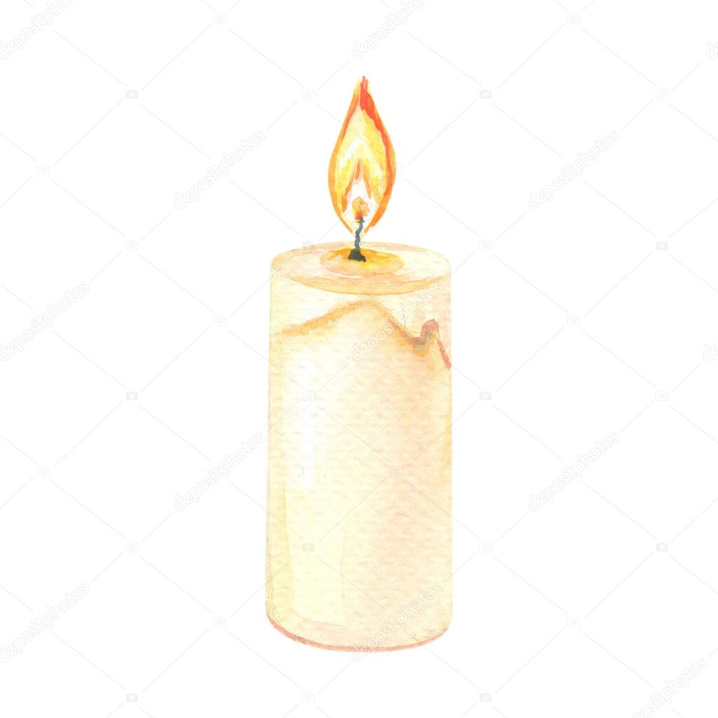 Watercolor candle on a white background.Watercolour izolated element.Illustration for birthday,anniversary