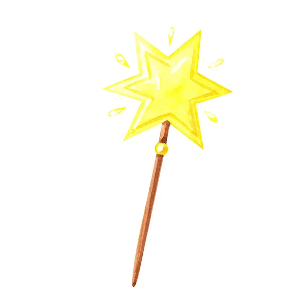 Watercolor magic wand in the form of a yellow star.Isolated image on a white background — Stock Photo, Image