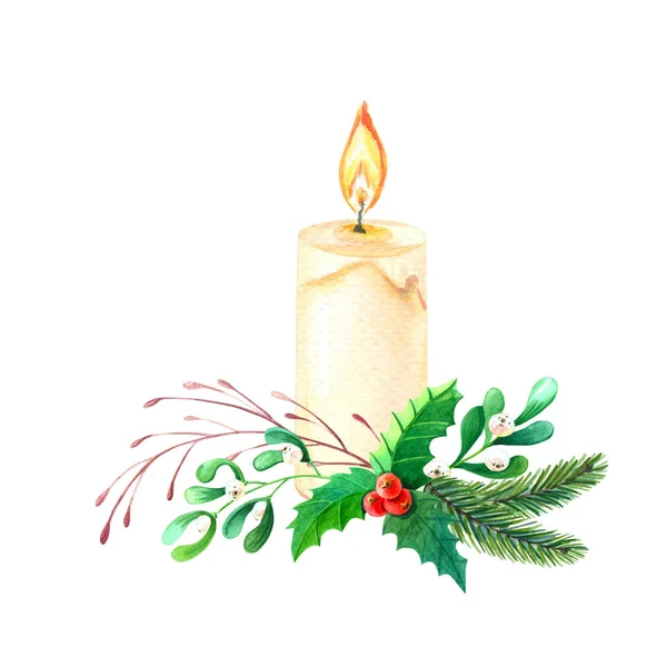 Watercolor Christmas composition with candle,green tree branches,Holly leaves,berries. Winter Watercolour illustration — Stock Photo, Image
