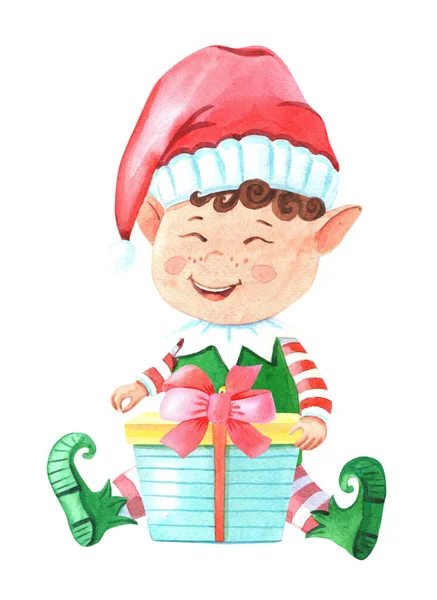 Kutulu suluboya Noel elfi çocuk. Çizgili takım elbiseli, şapkalı Noel Baba 'nın küçük yardımcısı. Hoş bir illüstrasyon.