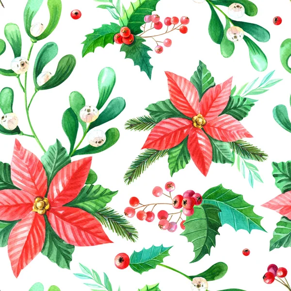 Christmas watercolor seamless pattern.Poinsettia,mistletoe,Holly, leaves,berries,green twigs on white background. — Stock Photo, Image