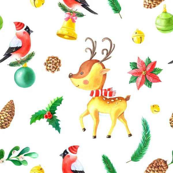 Christmas watercolor seamless pattern.Deer,Holly,Bullfinch,berry,green leaves,bell,pine cone on white background.Hand-drawn Winter — Stock Photo, Image