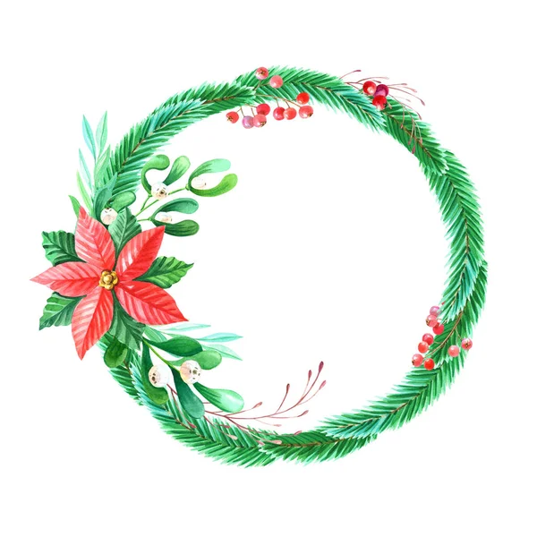 Aquarelle Joyeux Noël couronne avec des fleurs de poinsettia rouge, houx, feuilles, baies, pin, épinette, gui, brindilles vertes sur fond blanc.. — Photo