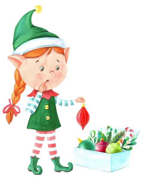 Watercolor Christmas girl elf with magic wand.Little helper of Santa Claus in a striped suit with a hat.Cute illustration — Stock Photo, Image