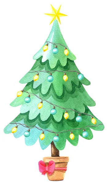 Watercolor Green Christmas Tree Winter Cartoon Illustration New Year Watercolor — 스톡 사진