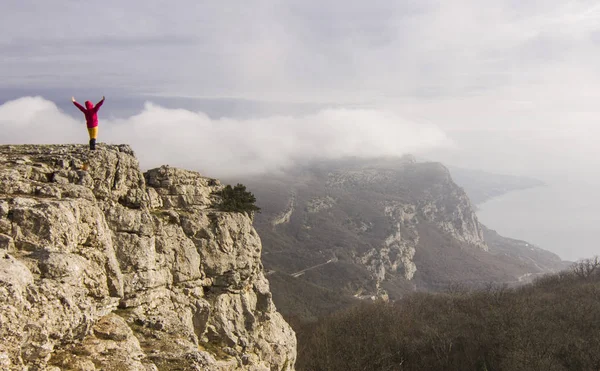 Девушка с поднятыми руками стоит на скале в горах — стоковое фото