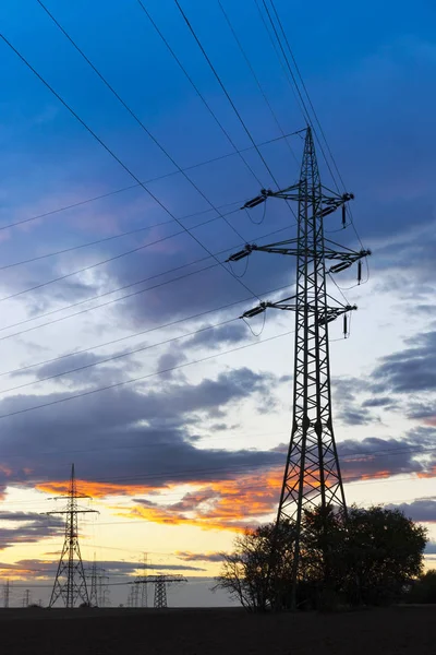 Electricity Power Energy Industry Electric Poles Sunset Coloful Sky — Stock Photo, Image