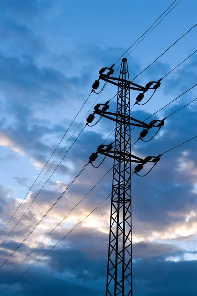 Energi Industri Elektriska Poler Solnedgången Med Coloful Sky — Stockfoto