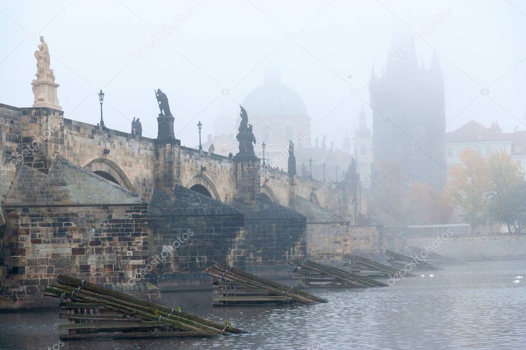 Charles bridge, Vltava river embankment in the early morning, Lesser town, Kampa, Prague, Czech republic