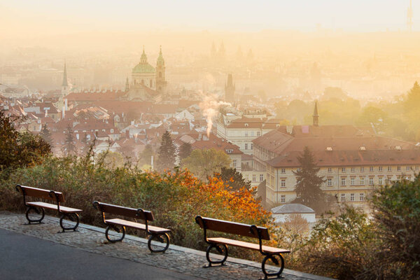 St Nicholas cathedral, Petrin hill at sunrise, Lesser Town (UNESCO), Prague, Czech republic