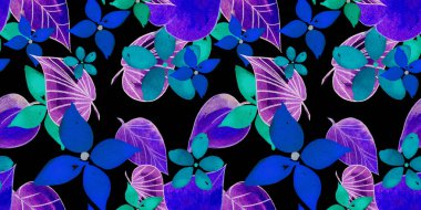 Yaprakları ve çiçekleri soyut arkaplan, siyah üzerine mavi ve mor suluboya 