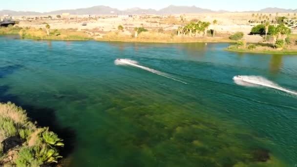 Aerial View Colorado River California Arizona Border Riding Jet Ski — Stock Video