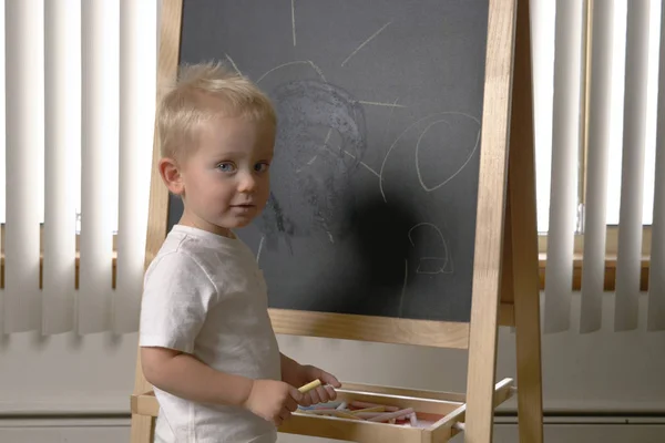 Cute Little Boy Toddler Two Years Old Drawing Chalkboard Early Stock Picture