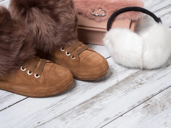 Womens Fashion Accessories Shoes Suede Sneakers Crossbody Bag White Fur — Stock Photo, Image