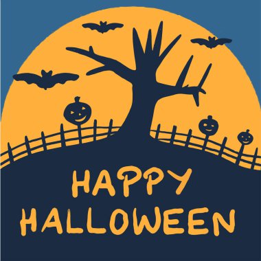 Cadılar Bayramı, arka planda turuncu harfler, mavi gökyüzü, ayın arka planında koyu, keskin ağaç, vektör içinde yarasa siluetleri.