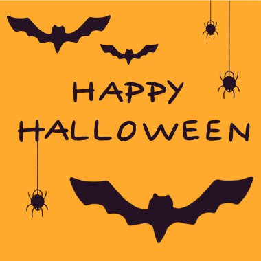 Açık renkli, siyah harflerle cadılar bayramı, turuncu arka plan şirin, karanlık, komik, komik örümcek ve yarasa vektör