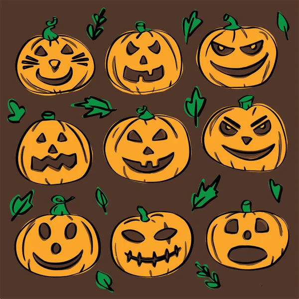 Halloween Divertido Sonriente Divertido Horrible Temible Calabaza Vector Fondo Marrón — Vector de stock