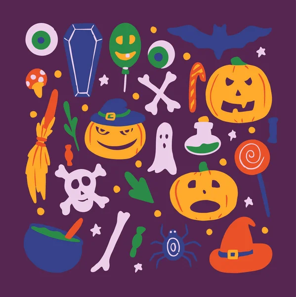 Halloween Kit Usmívající Legrační Hrozné Děsivé Dýně Koště Klobouk Cukroví — Stockový vektor