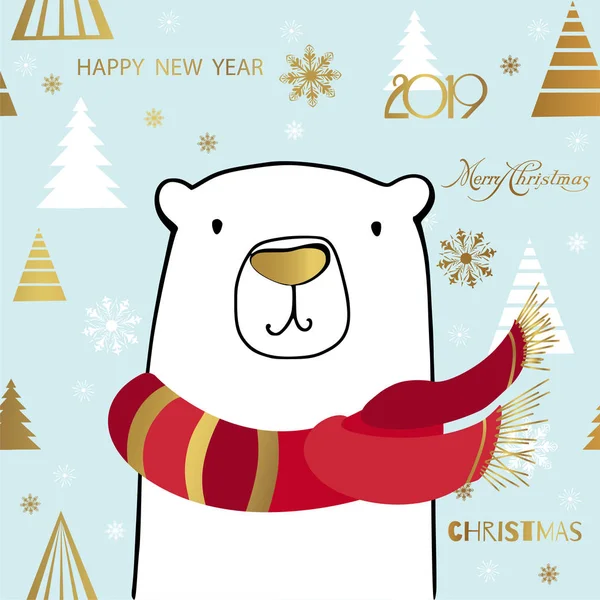 Bonito oso polar con inscripción Feliz Navidad. Tarjeta de felicitación de invierno de un lindo oso polar dibujado a mano con frases de caligrafía. Plantilla de tarjeta de año nuevo — Vector de stock