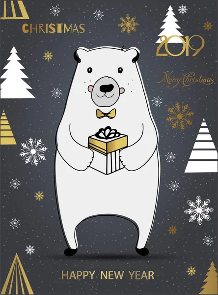 Bonito oso polar con inscripción Feliz Navidad. Tarjeta de felicitación de invierno de un lindo oso polar dibujado a mano con frases de caligrafía. Plantilla de tarjeta de año nuevo — Vector de stock