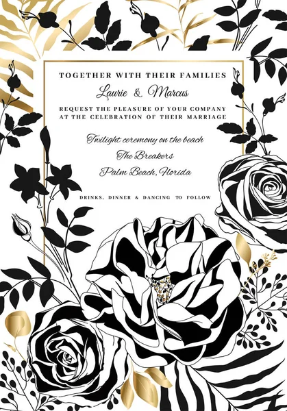 矢量花卉婚礼邀请。黑白玫瑰和牡丹. — 图库矢量图片