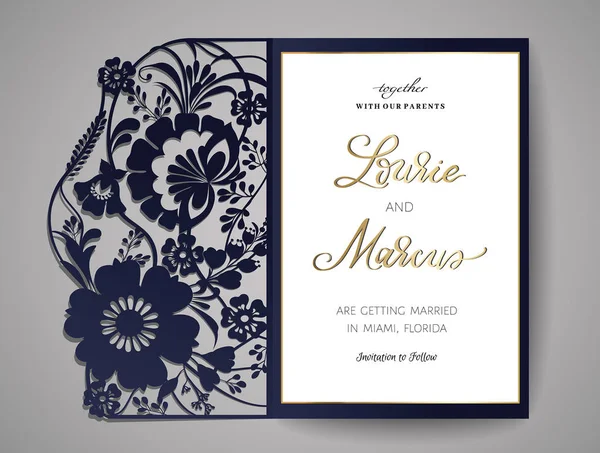 Προσκλητήριο γάμου ή ευχετήρια κάρτα με floral στολίδι. Γάμος πρόσκληση κονδύλιο για κοπή με laser. Εικονογράφηση διάνυσμα — Διανυσματικό Αρχείο