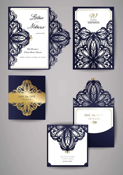 Προσκλητήριο γάμου ή ευχετήρια κάρτα με floral στολίδι. Γάμος πρόσκληση κονδύλιο για κοπή με laser. Εικονογράφηση διάνυσμα — Διανυσματικό Αρχείο