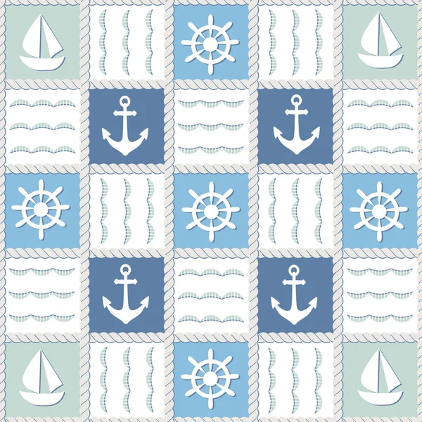 Sømløst mønster i marin stil med blå ryggstøtte. Vektor – stockvektor