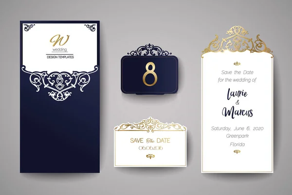 Convite de casamento ou cartão de saudação com ornamento floral dourado. Envelope convite de casamento para corte a laser. Ilustração vetorial . — Vetor de Stock