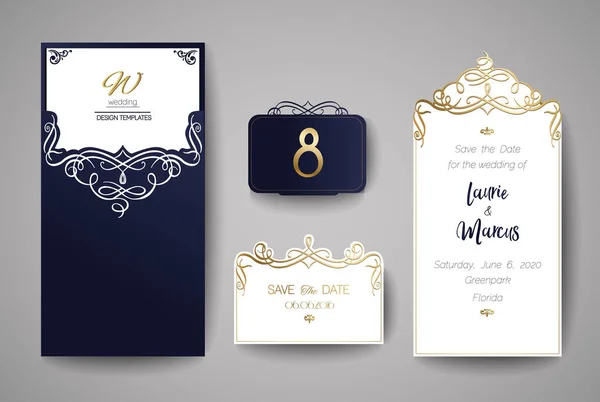 Invito di nozze o biglietto di auguri con ornamento floreale in oro. Busta invito matrimonio per taglio laser. Illustrazione vettoriale . — Vettoriale Stock