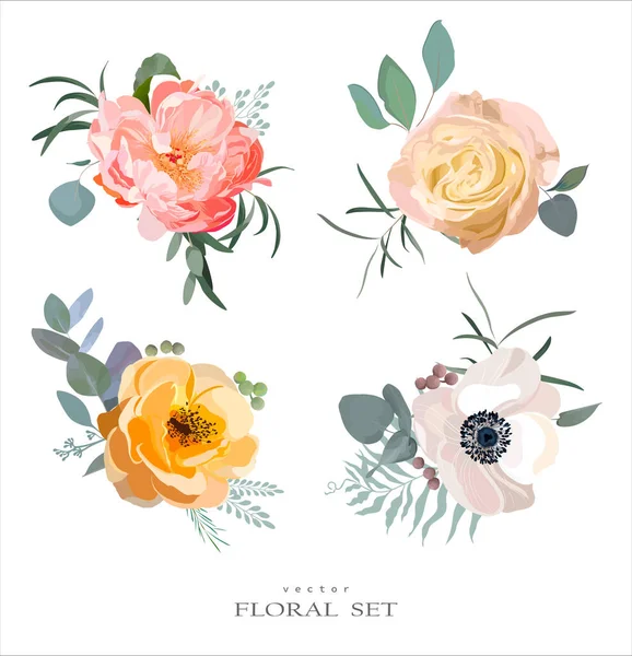 Floral set vector. Rosas, peonía, anémona ranúnculo flores, ramas — Archivo Imágenes Vectoriales