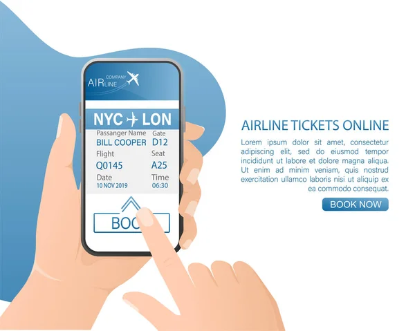 Bilhetes Avião Line Com Mãos Smartphone Estilo Plano Ilustração Vetorial — Vetor de Stock