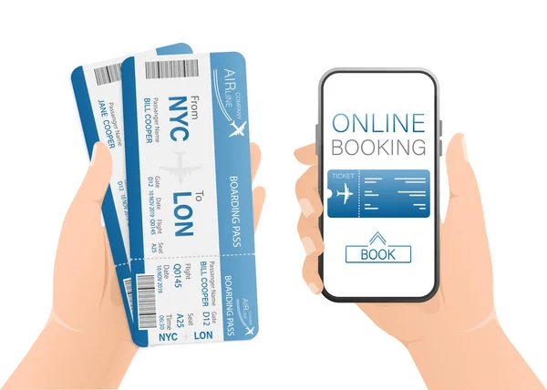 Bilhetes Avião Line Com Mãos Smartphone Estilo Plano Ilustração Vetorial — Vetor de Stock