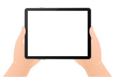 Beyaz zemin üzerinde siyah boş tablet ellerle modern düz çizimler. Dijital teknoloji. Modern düz çizim. Web tasarımı
