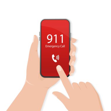911 düz bir şekilde arıyor. Vektör düz tasarım. Cep telefonu. Parmak dokunuşu ekranı. İlk yardım. Akıllı telefonu ara. Vektör mobil aygıt kavramı
