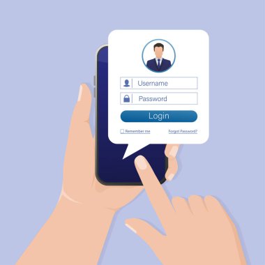Site tasarımı için kullanıcı giriş akıllı telefonu. Mokup uygulama sayfası kullanıcı arayüzü. Telefon, cep telefonu, akıllı telefon, model. Aygıt ekranı. İş simgesi