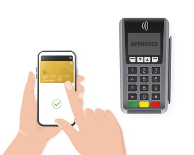 Akıllı telefonlu bir el. Mobil cihaz tasarımı için soyut çevrimiçi ödeme. Çevrimiçi aktarım