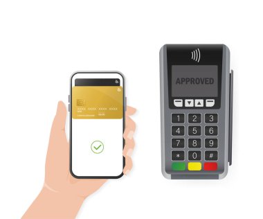 Akıllı telefonlu bir el. Mobil cihaz tasarımı için soyut çevrimiçi ödeme. Çevrimiçi aktarım