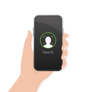 Vektör mobil cihaz konsepti. Yüz tanıma. Mobil uygulama tasarımı. Yüz kimliği