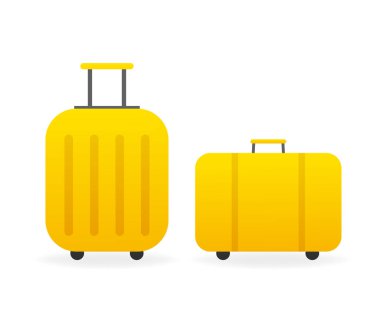 Sarı bavul ikonlarıyla klasik düz çizim. Tatil, tatil. Basit, izole vektör çizimi