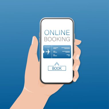 Online bilet rezervasyonu. Mobil uygulama tasarımı için simge. Parmak dokunuşu ekranı. Akıllı telefon ekranı