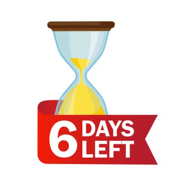 6 gün kaldı. Beyaz arkaplanda takvim simgesi olan kum gözlüğü. Vektör stok illüstrasyonu