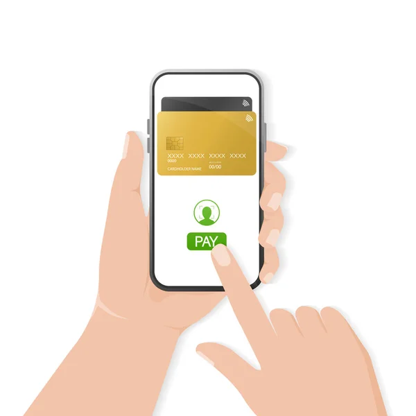 Mano Con Smartphone Pagamento Online Astratto Progettazione Dispositivi Mobili Transazione — Vettoriale Stock