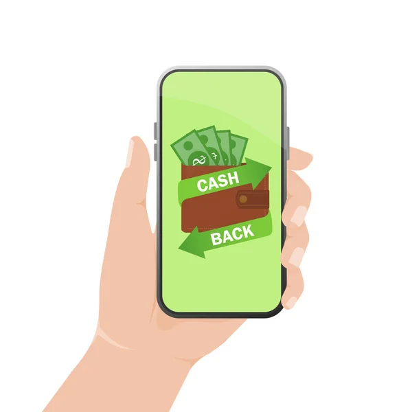 Cashback Konzept Mit Smartphone Der Hand Vektor Illustration Der Mobilen — Stockvektor