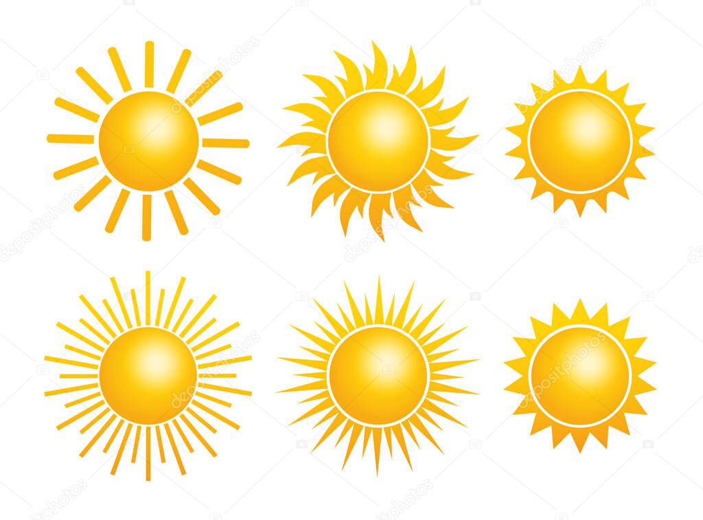 Flat yellow sun icon collection on white background. Vector flat cartoon illustration
