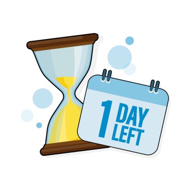 1 gün kaldı. Beyaz arkaplanda takvim simgesi olan kum gözlüğü. Vektör stok illüstrasyonu