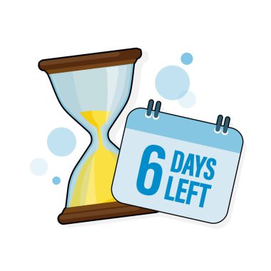 6 gün kaldı. Beyaz arkaplanda takvim simgesi olan kum gözlüğü. Vektör stok illüstrasyonu