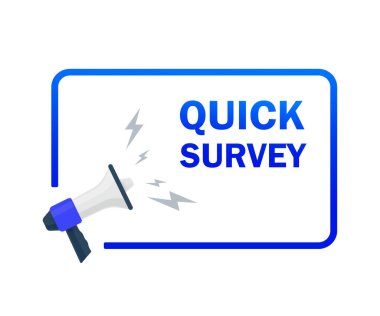 Hızlı bir araştırma. Megafon ikonlu rozet. Beyaz arkaplanda düz vektör illüstrasyonu